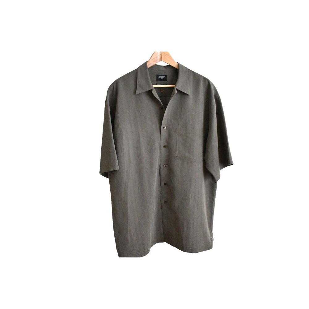 Haggar Shirt Mens L Performance Wear Soft Short Sleeve Camp Shadow Stripe Pocket